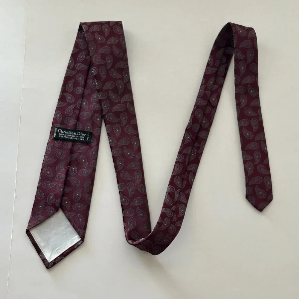 Vintage Christian Dior Mens Burgundy Red Neck Tie Paisley Polyester Woven Italy